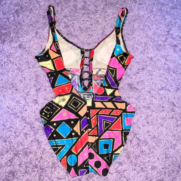 10 VTG La Blanca Funky Geometric Print Neon Gold High Cut One Piece Swimsuit - Picture 2 of 12